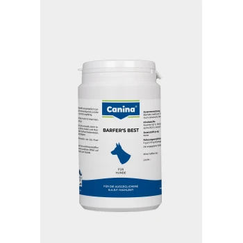 Weißer Behälter des Canina BARFER'S BEST Hundefutters, mit einer blauen Hundesilhouette, Nährwertinformationen und Fütterungshinweisen.