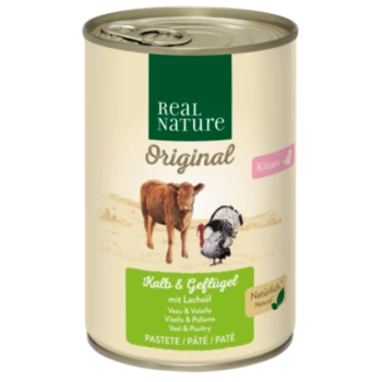 Dosenfutter für Kätzchen mit der Aufschrift 'Real Nature Original', mit einer Kuh und einem Truthahn auf der Vorderseite, mit dem Text 'Kalb & Geflügel mit Lachsöl.'
