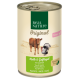 Nourriture en conserve pour chaton étiquetée "Real Nature Original" présentant une vache et une dinde à l'avant, avec un texte indiquant "Kalb & Geflügel mit Lachsöl."