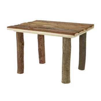 Table pour animaux de compagnie en bois avec un design rustique, présentant un dessus plat en planches et quatre jambes en bois naturel robustes.
