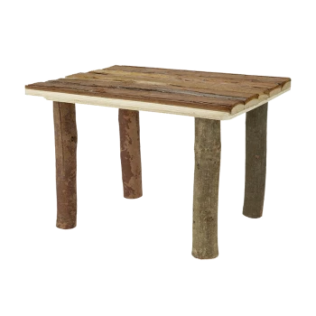Table pour animaux de compagnie en bois avec un design rustique, présentant un dessus plat en planches et quatre jambes en bois naturel robustes.