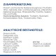 Verpackung für Haustierfutter mit Zutatenliste auf Deutsch, die Fleisch, Getreide und Nährwertanalysen einschließlich Protein, Fett und Vitaminen detailliert.