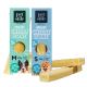 Zwei Boxen von Petstile Himalaya-Käse-Knochen für Hunde, gekennzeichnet mit M (100g) und S (50g), mit Bildern eines Border Collies und eines Pomeranians.