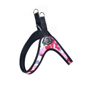 Uprząż Easy Fit Camo z regulacją XS-S Kolorowa różowo-szara kamizelka dla psa w kamuflażu z regulowanymi paskami i metalowymi pierścieniami D, z logo 'Trey Ponti.'