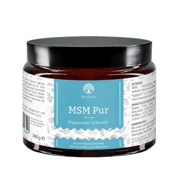 Braunes Glas mit schwarzem Deckel, beschriftet „MSM Pur – Organischer Schwefel“ Waldkraft, 360 g; Ergänzungsfuttermittel für Hunde und Katzen