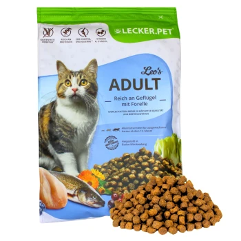 Katze Futterbeutel mit der Aufschrift "Leo's ADULT", auf dem Vordergrund eine Katze abgebildet, mit Text, der anzeigt, dass es reich an Geflügel und Forelle ist.