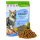Katze Futterbeutel mit der Aufschrift "Leo's ADULT", auf dem Vordergrund eine Katze abgebildet, mit Text, der anzeigt, dass es reich an Geflügel und Forelle ist.