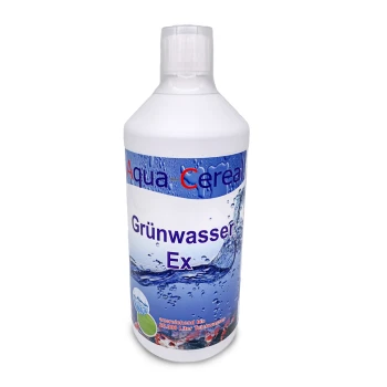 Flasche Aqua Cereal Grünwasser Ex, ein Wasserbehandlungsprodukt für Aquarien, mit einem blauen und weißen Design und Wasser-Grafiken.