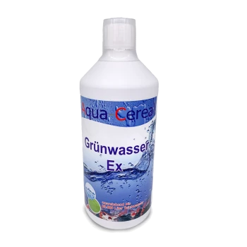 Flasche Aqua Cereal Grünwasser Ex, ein Wasserbehandlungsprodukt für Aquarien, mit einem blauen und weißen Design und Wasser-Grafiken.