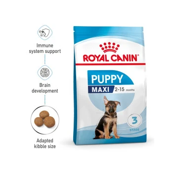 Royal Canin Puppy Maxi dog food bag with a German Shepherd puppy, emphasizing immune support, brain development, and kibble size.