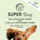 Super Barf Tiernahrung Verpackung mit "500 g für kleine Hunde oder 1.000 g XL für größere Hunde" und "BARF-Mineral-Mix mit Kräutern."