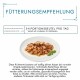 Nourriture pour chat sur une assiette blanche avec une feuille de basilic, montrant les recommandations alimentaires allemandes : "3-4 Portionsbeutel pro Tag."