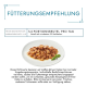 Nourriture pour chat sur une assiette blanche avec une feuille de basilic, montrant les recommandations alimentaires allemandes : "3-4 Portionsbeutel pro Tag."