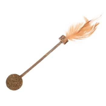 Matatabi Catnip Ball A cat toy featuring a wooden stick with a round, textured ball at one end and a tuft of soft, light-colored feathers at the other.
