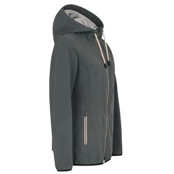 Seitenansicht einer stilvollen grauen Damenjacke mit Kapuze, mit einem Reißverschluss vorne und zwei Reißverschlusstaschen.