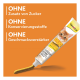 GimCat Duo Paste Tube (mit Katzenfoto) drückt Paste auf orangem Hintergrund; deutsche 'OHNE'-Aufschriften: kein Zucker; keine Konservierungsstoffe; keine Geschmacksverstärker