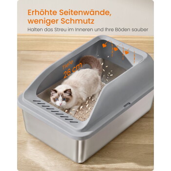 Langhaarige Katze in einer grauen Katzentoilette mit erhöhten Seitenwänden; sichtbarer Text: „Erhöhte Seitenwände, weniger Schmutz“; „Tiefe 26 cm“.