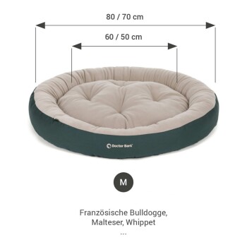 Rundes Haustierbett von Doctor Bark, Maße 80/70 cm und 60/50 cm, geeignet für Französische Bulldoggen, Malteser und Whippets.