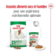 Emballage de nourriture pour chiens Royal Canin présentant un sac de nourriture sèche et une boîte de nourriture humide, promouvant une nutrition optimale pour les petits chiens.
