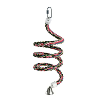 cotton climbing spiral L Colorful spiral pet toy made of braided rope with a metal bell at the bottom and a clip at the top for hanging.