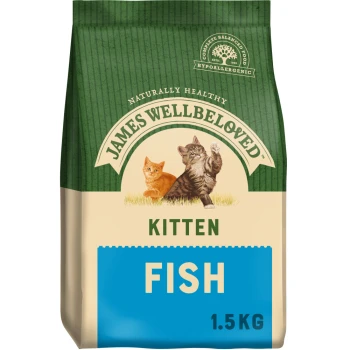 Kitten Dry Cat Food Fish and rice 1.5 kg Bag of James Wellbeloved kitten food, fish flavor, 1.5 kg, featuring images of an orange and a gray kitten.