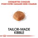 Croquettes conçues pour le Cavalier King Charles, avec un gros plan d'un morceau de croquette marron et le texte "CROQUETTES SUR MESURE" au-dessus.