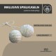 Zwei zusammengebundene Sisal-Seilbälle, beschriftet mit "Natürliches Sisalseil" und "Langlebigkeit," mit dem Text "Inklusive Spielkugeln" darüber.