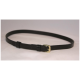 Schwarzes Leder-Haustierhalsband mit einer goldenen Schnalle und verstellbaren Löchern, auf einem hellen Hintergrund präsentiert.