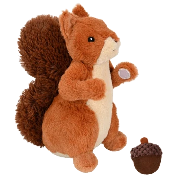 Ein plüschiges Eichhörnchen-Spielzeug mit einem flauschigen Schwanz, das eine kleine Eichel hält, neben einem braunen, eichelförmigen Spielzeug.