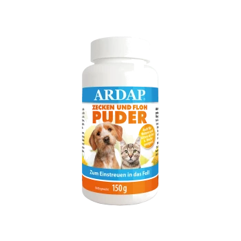 Flasche mit ARDAP Floh- und Zeckenpulver für Haustiere, mit einem Hund und einer Katze auf dem Etikett, mit dem Hinweis, dass es für Welpen und Kätzchen geeignet ist.