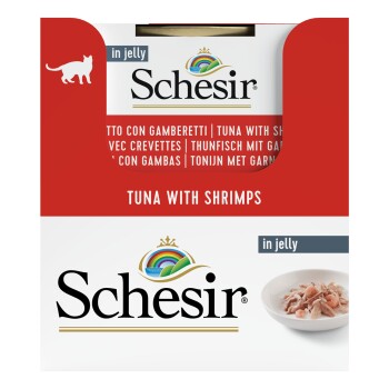 Schesir Thunfisch mit Garnelen in Gelee-Verpackung, mit einer Schüssel Thunfisch und Garnelen, mit mehrsprachigem Text auf der Vorderseite.