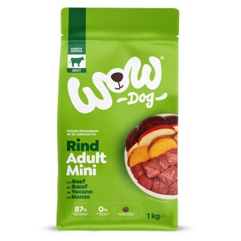 Grüne 1-kg Wow-Dog 'Rind Adult Mini' Rind-Trockenfuttertüte zeigt eine Schüssel mit Rind und 'Hergestellt in Österreich'-Label