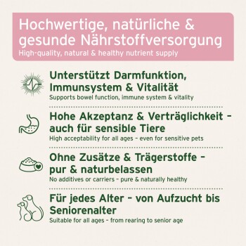 Tieretikett „High-quality, natural & healthy nutrient supply“: unterstützt Darm- und Immunsystem; ohne Zusatzstoffe; für alle Altersstufen.