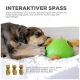 Ein verspielter Hund interagiert mit einem grünen Puzzleballspielzeug, aus dem Leckereien herausgezogen werden, mit Text, der seine interaktiven Funktionen und Nachfülloptionen hervorhebt.