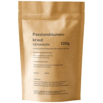 Braune Papiertüte mit der Aufschrift "Passionsblumen-kraut GEMALHEN" mit 100g gemahlenem Passionsblumen-Kraut für Haustiere, einschließlich Fütterungshinweisen.