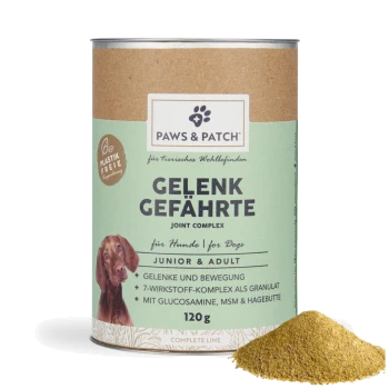 Paws & Patch 'GELENK GEFÄHRTE' Gelenkkomplex für Hunde, Dose 120 g, Junior & Adult, mit einem Häufchen Pulver.