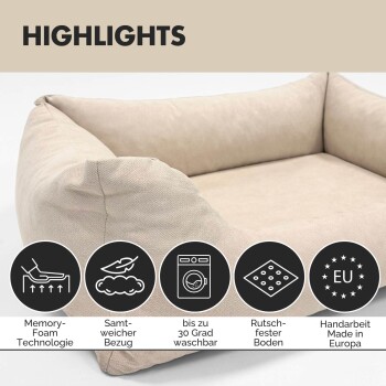 Grauem Haustierbett mit erhöhten Rändern, erhältlich in zwei Größen: M (80 x 60 cm) und L (100 x 70 cm).