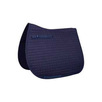Marineblaue, gesteppten Sattelunterlage mit strukturierter Oberfläche und einem Riemen zur Sicherung, auf einem weißen Hintergrund präsentiert.