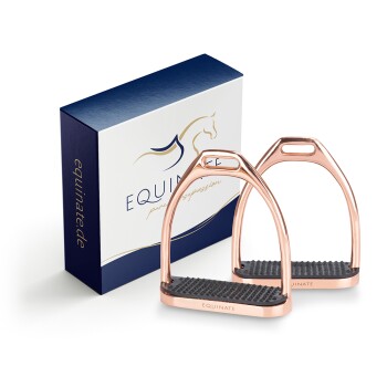 Roségoldene Reitsteigbügel neben einer blau-weißen Box mit der Bezeichnung "EQUINATE" und einem Pferdelogo.