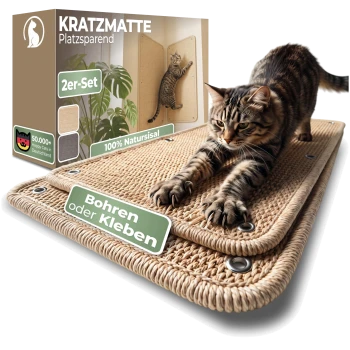 Getigerte Katze, die sich auf gewebten Sisal-Kratzmatten streckt; auf der Produktbox steht KRATZMATTE Platzsparend und Bohren oder Kleben.