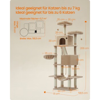 Katzenbaum geeignet für Katzen bis zu 7 kg, Platz für bis zu 6 Katzen, mit Abmessungen und Funktionen, die in orangefarbener Schrift beschriftet sind.