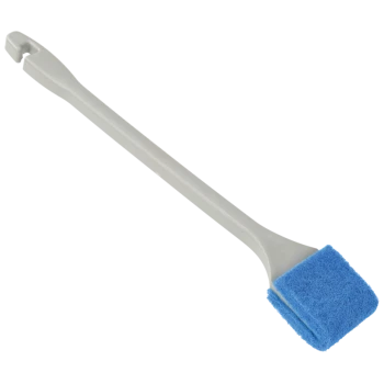 Éponge de toilettage pour animaux de compagnie bleue avec un long manche, conçue pour nettoyer les animaux.