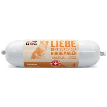 Ein zylindrisches Paket Hundefutter mit der Aufschrift "natura DOG", das eine Zeichnung eines Hundes und den Text "LIEBE GEHT DURCH DEN HUNDMAGEN" in Orange zeigt.