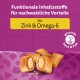 Haustier-Leckerlis auf einem lila Hintergrund, mit Text über funktionale Zutaten mit Zink und Omega-6 für gesunde Haut und Fell.