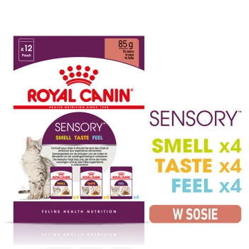 Saszetki z karmą dla kotów Royal Canin Sensory, 12 x 85g, oferujące korzyści „ZAPACH,” „SMAK” i „DOTYK,” z obrazem kota i szczegółami produktu.