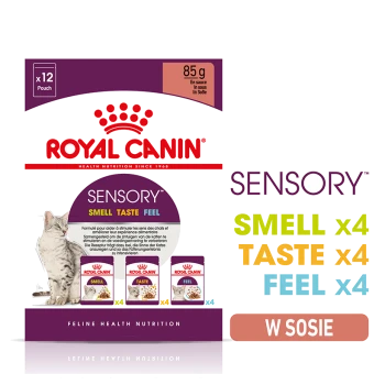 Saszetki z karmą dla kotów Royal Canin Sensory, 12 x 85g, oferujące korzyści „ZAPACH,” „SMAK” i „DOTYK,” z obrazem kota i szczegółami produktu.