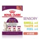 Saszetki z karmą dla kotów Royal Canin Sensory, 12 x 85g, oferujące korzyści „ZAPACH,” „SMAK” i „DOTYK,” z obrazem kota i szczegółami produktu.