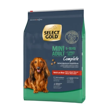 Sac de nourriture pour chien Select Gold Mini Adult, 5-10 kg, adapté aux chiens de plus de 8 mois, riche en bœuf, avec une formule à base de viande fraîche et sans blé.