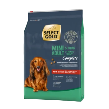 Select Gold Mini Adult Hundefutterbeutel, 5-10 kg, geeignet für Hunde über 8 Monate, reich an Rindfleisch, mit frischem Fleisch und weizenfreier Formel.