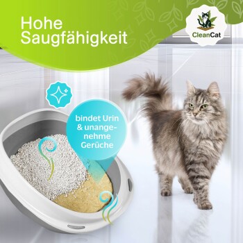 Graue langhaarige Katze neben einer Katzentoilette mit klumpender Katzenstreu, Text auf Deutsch über hohe Saugfähigkeit und Geruchskontrolle.